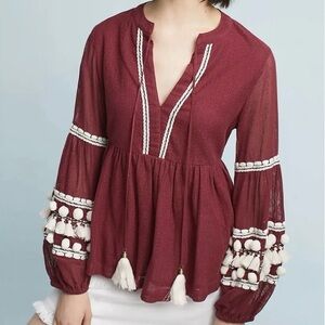 Antropologie Vineet Bahl Women Nisha Peasant Cotton Top XS Petite Burgundy Boho